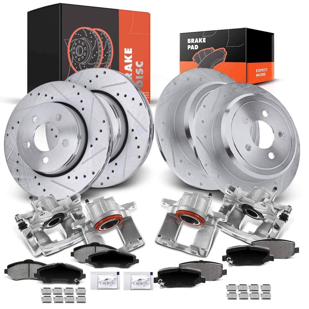 Drilled Brake Rotors & Pads + Brake Calipers for Dodge Nitro 2011 Front and Rear