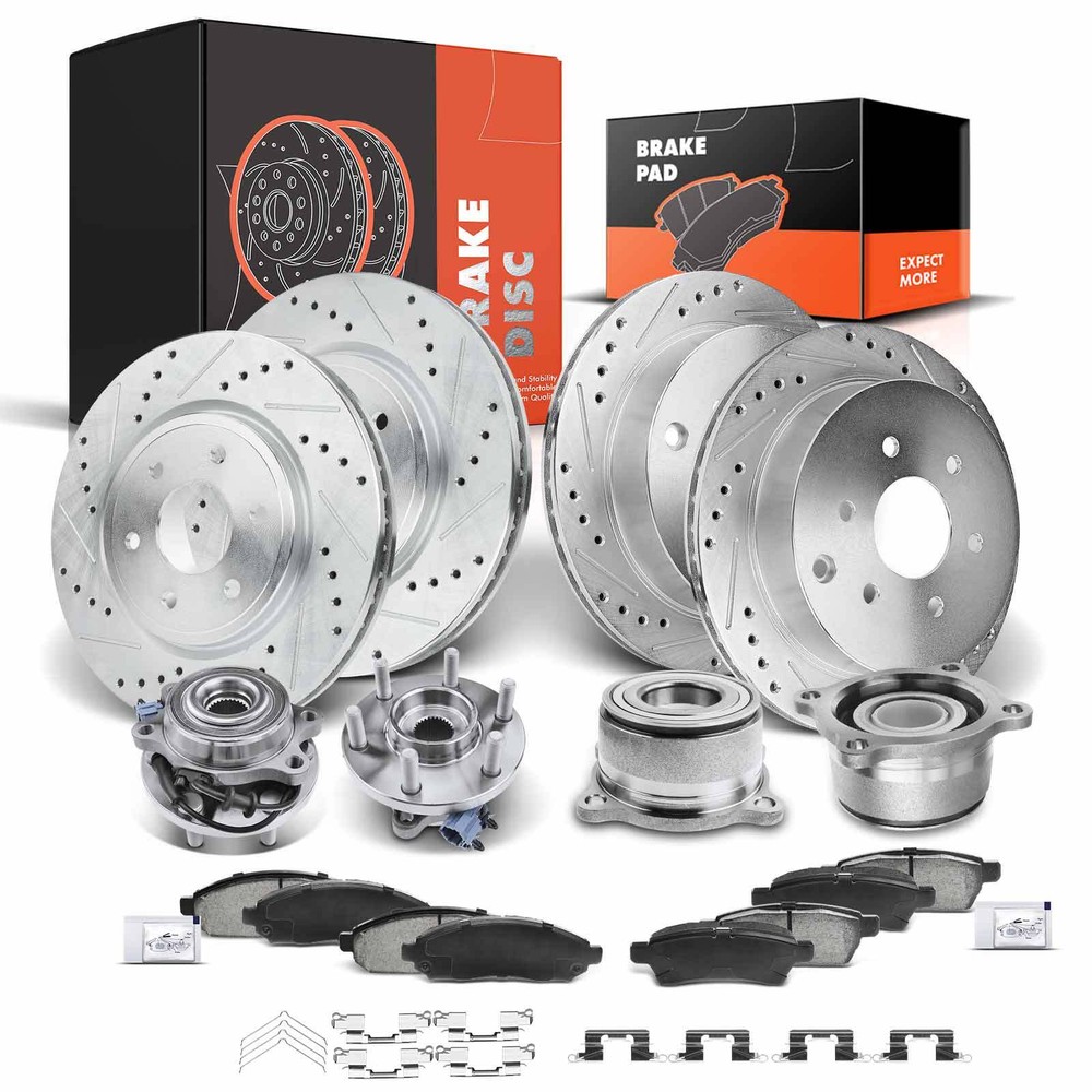 16xFront & Rear Drilled Rotor & Ceramic Brake Pad + Wheel Hub Bearing for Nissan