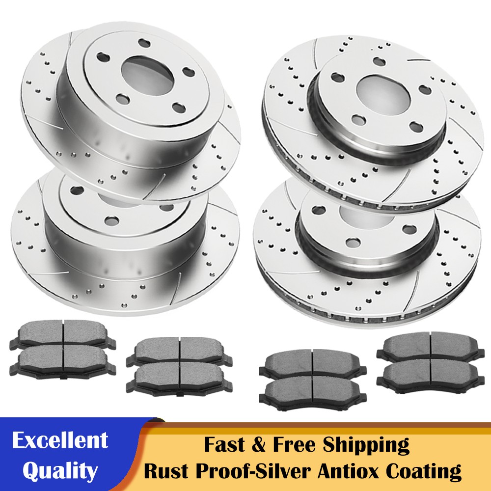 Front Rear Drilled Disc Rotors Brakes Pads Fit 2007 – 2017 Jeep Wrangler JK Kits