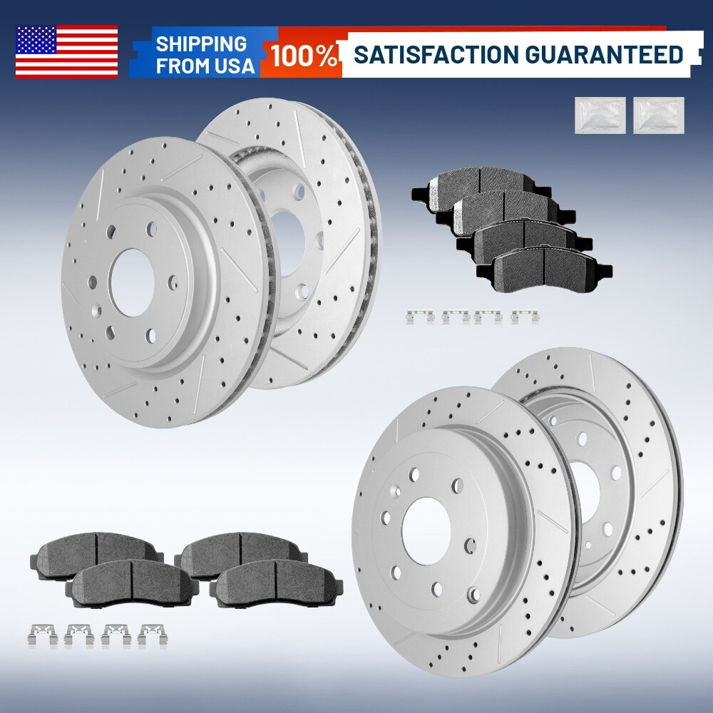 Front Rear Drilled Slotted Rotors & Pads for Chevy Traverse GMC Acadia Enclave