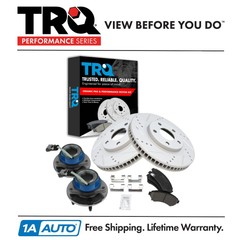 TRQ Front Wheel Hub Performance Drilled Slotted Brake Rotor & Posi Ceramic Pads