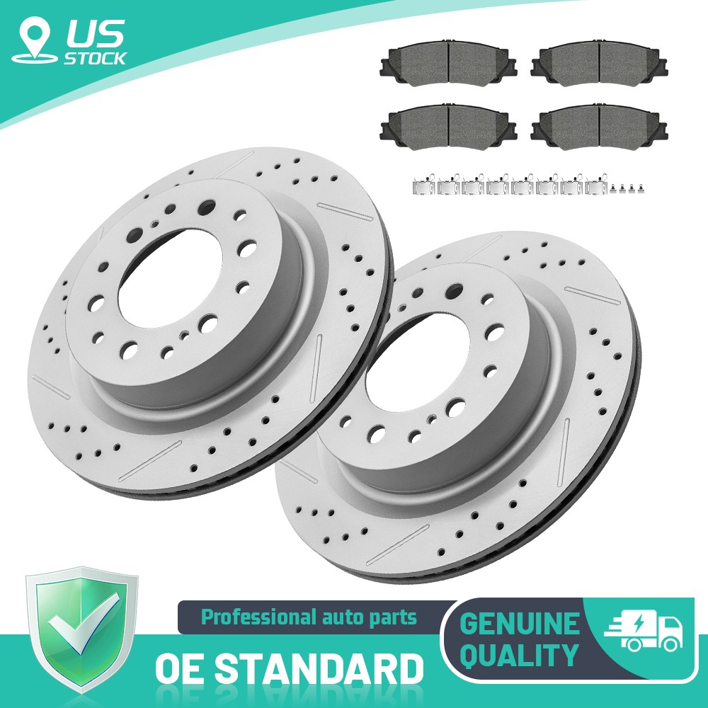 Rear Drilled Brake Rotors+Ceramic Pads for 2023 Toyota Sequoia 2022-2023 Tundra
