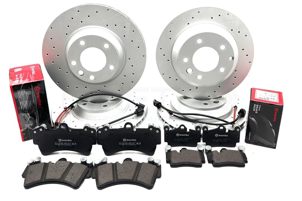 FOR AUDI Q7 3.0 TDI DRILLED FRONT REAR BRAKE DISCS BREMBO PADS WEAR SENSORS