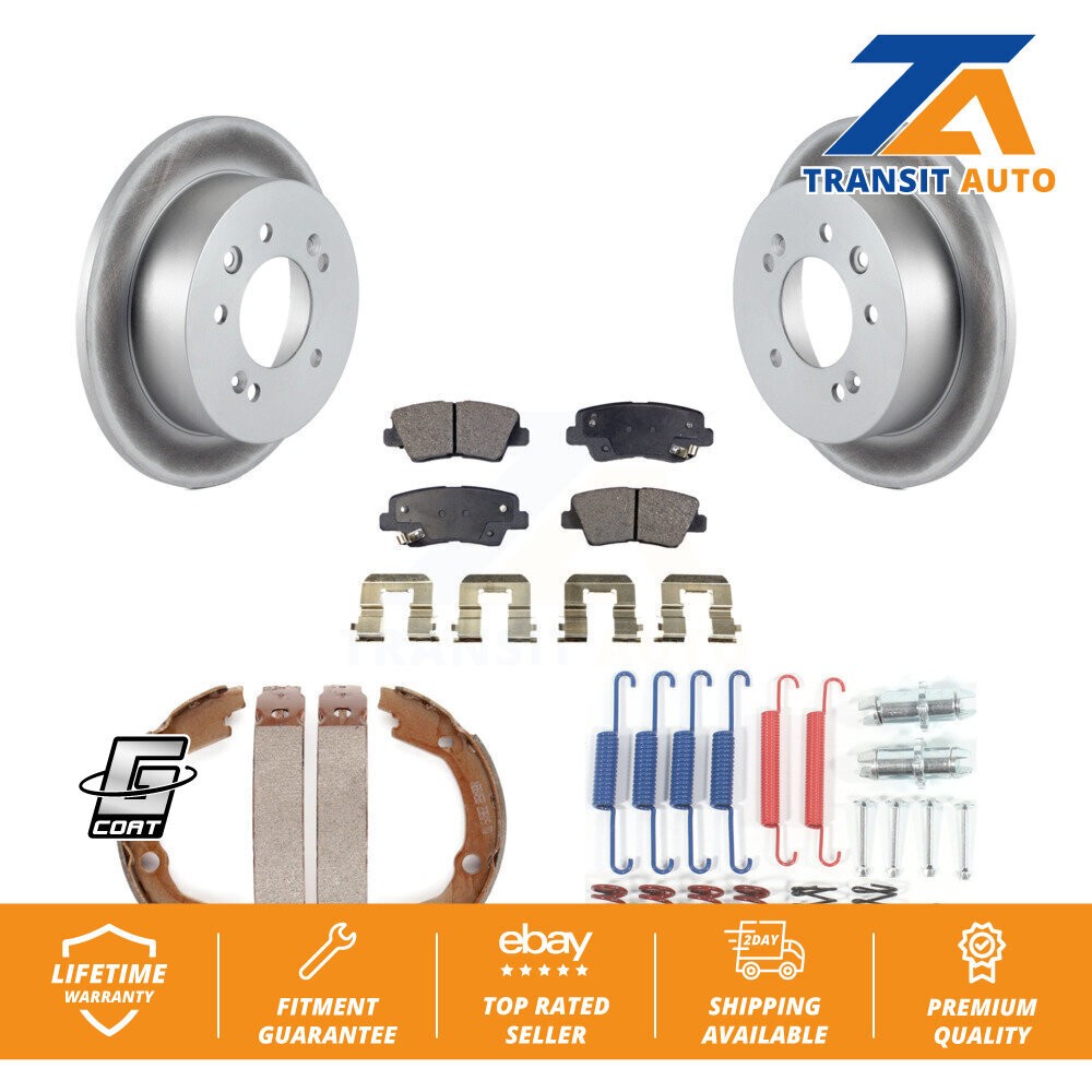 Disc Coated Rotors Semi-Metallic Pads Parking Brake Shoes Hardware Rear Kit For