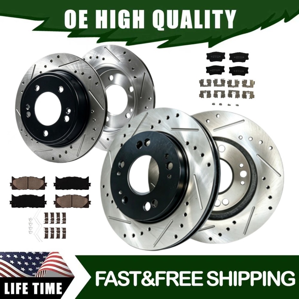 Front Rear Drilled Rotor Brake Ceramic Pad for Toyota Avalon 2013 2014 2015-2016