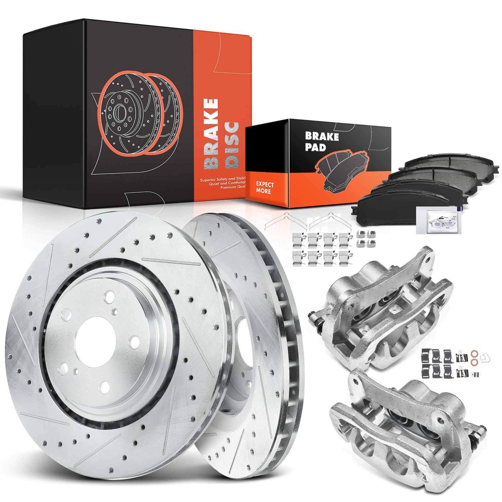 Front Drilled Brake Rotor & Pads + Caliper for Toyota Highlander Lexus NX200t