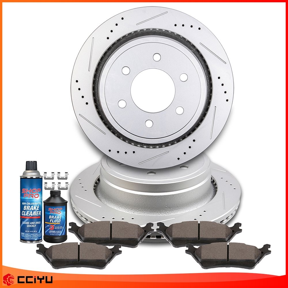 Fits Ford F-150 2012 – 2014 Rear Drilled Slotted Brake Rotors Discs Ceramic Pads