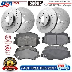 Front Rear Drilled Rotors Ceramic Brake Pads Kit for 2007-2017 Jeep Wrangler JK