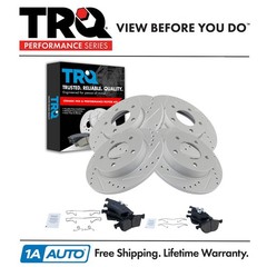 TRQ Brake Rotor Drilled Slotted Zinc Coated & Ceramic Pad Front & Rear Kit