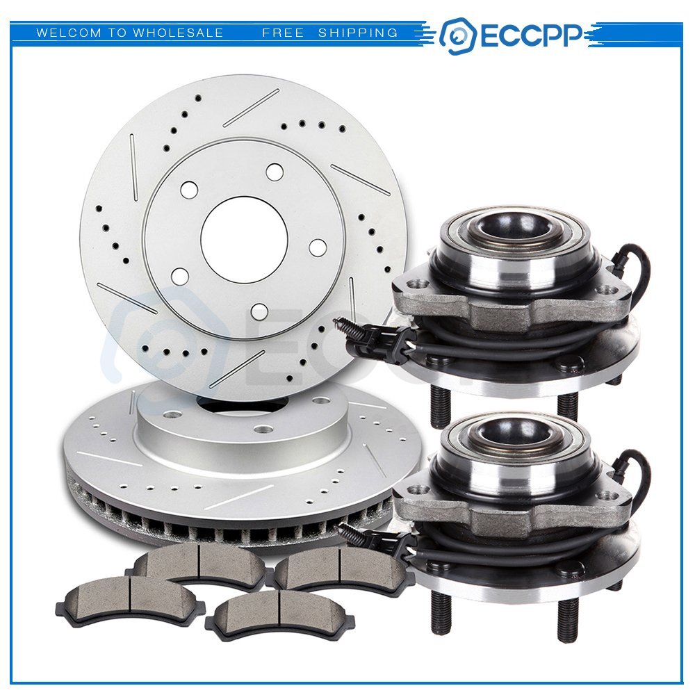 Front Drill Brake Rotors Ceramic Pads & Wheel Hub Bearings For 98-03 GMC Jimmy