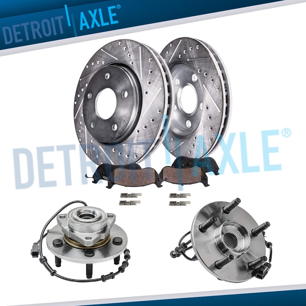 For 2002-2005 Dodge Ram 1500 ABS Front Drilled Rotors Brake Pad + Wheel Bearings